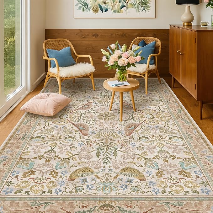 Washable Area Rugs 5x7 for Living Room - Boho Cottagecore Earthy Rugs for Bedroom, Dinning Room, Office with Vintage Beige Taupe Botanical & Bird Pattern, Non Slip Stain Resistant Low Pile