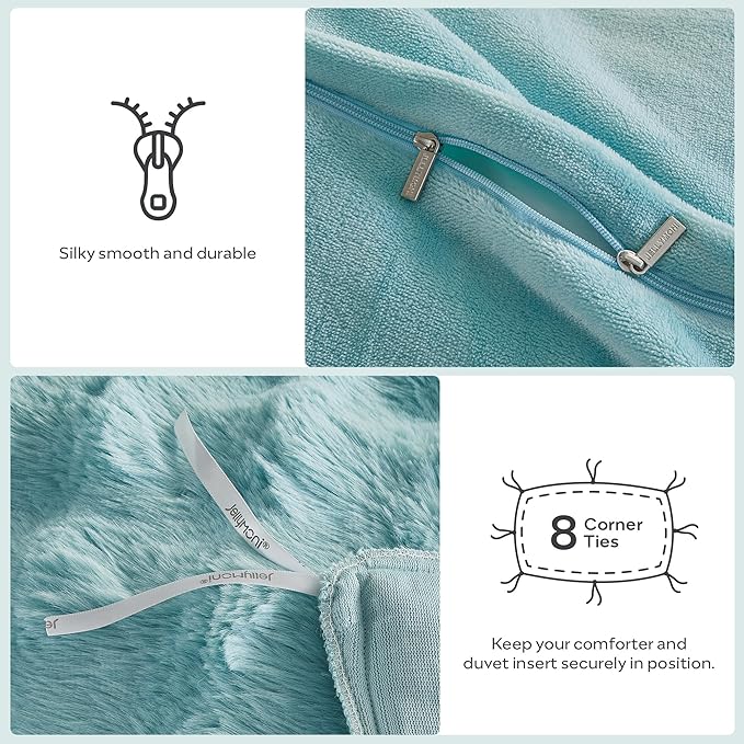 JELLYMONI Plush Duvet Cover Set - Queen Size Baby Blue Fur Comforter Cover 3pcs Bedding Set Luxury Ultra Soft Striped Fluffy Duvet Cover with Zipper and 2 Pillowcases (NO Comforter)