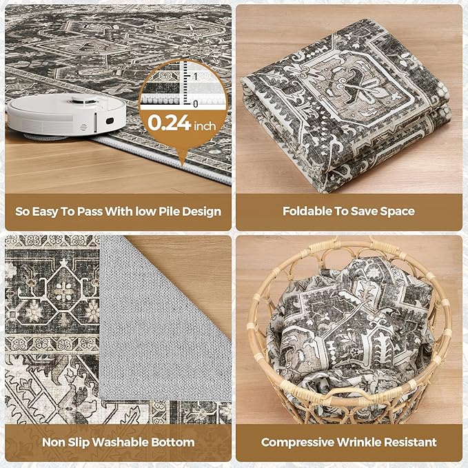 WITSHOCK Black Living Room Area Rugs 5x8: Washable Rug Boho Soft Low Pile Stain Resistant Foldable Carpet for Foyer Entryway, Bedroom Playroom Dining Room Office Kitchen Farmhouse Modern Rug