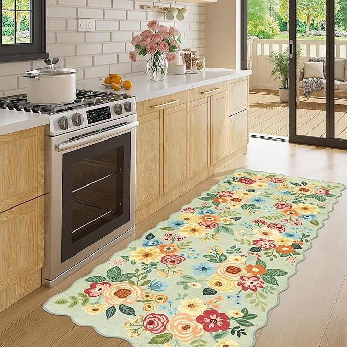 DUKINO 2x5 Washable Runner Rugs, Non Slip Floral Print Entryway Rug with Soft Low Pile, Lightweight Mat for Living Room, Bathroom, Bedroom, Kitchen, Green