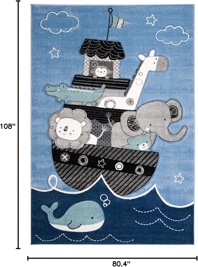 SAFAVIEH Carousel Kids Collection Area Rug - 6'7" x 9', Blue & Grey, Animal Design, Non-Shedding & Easy Care, Ideal for High Traffic Areas for Boys & Girls in Playroom, Nursery, Bedroom (CRK121B)