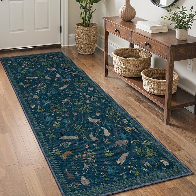 Runner Rug Non Slip 2'6''x 6', Floral Animal Print Rug Machine Washable Rug, Non Slip Low Pile Hallway Runner Carpet for Kitchen, Laundry, Bedroom, Bathroom, Midnight Blue