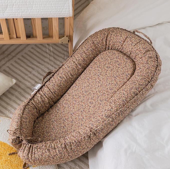 CooCooBaby Infant Lounger, Baby Nest Cover for Baby Girls & Boys, Newborn Essentials for Baby 0-18+ Months, 100% Cotton Breathable (Brown Blossom_, Cotton_Muslin)