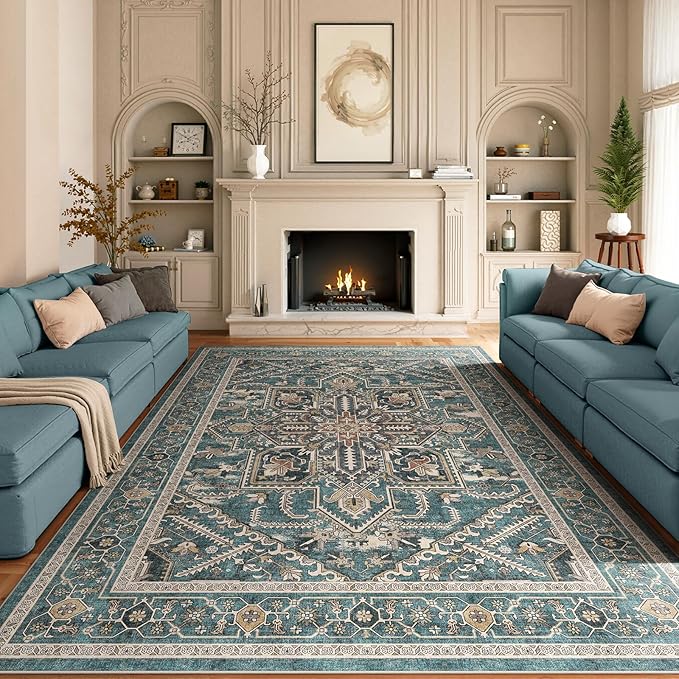 WITSHOCK Teal 10x14 Large Living Room Rugs: Washable Modern Vintage Boho Soft Low Pile Stain Resistant Foldable Carpet for Bedroom Playroom Dining Room Office, Distressed Farmhouse Floral Home Decor