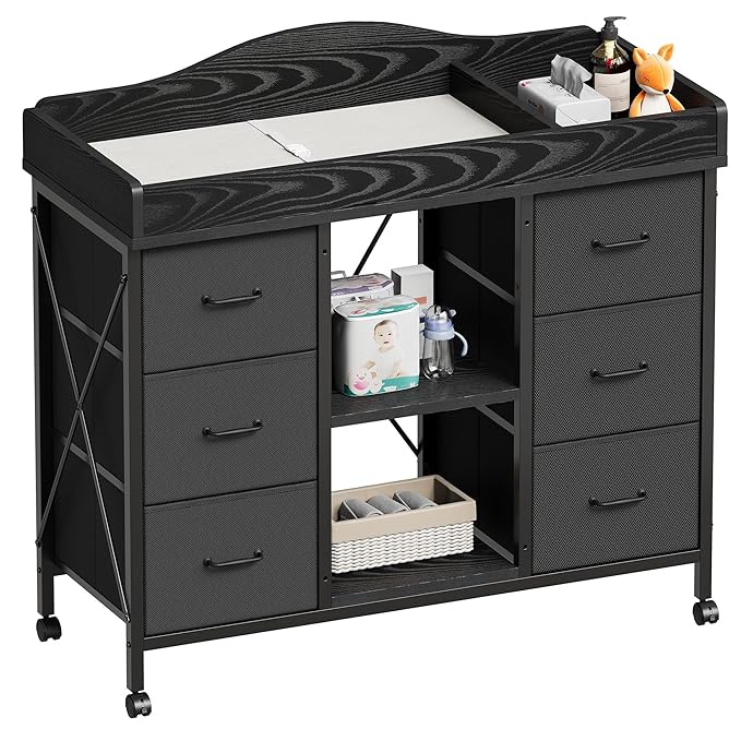 Changing Table, 6-Drawer Baby Dresser with Changing Table top,Waterproof Diaper Changing Station & Pad, 2 Height-Adjustable Open Storage Shelves, Mobile Nursery Organizer, Black