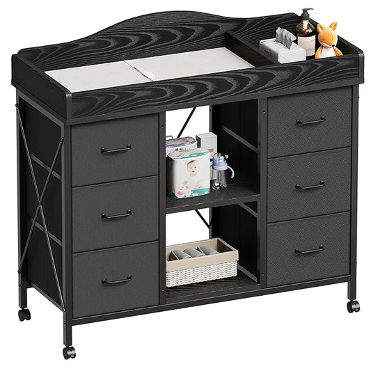 Changing Table, 6-Drawer Baby Dresser with Changing Table top,Waterproof Diaper Changing Station & Pad, 2 Height-Adjustable Open Storage Shelves, Mobile Nursery Organizer, Black