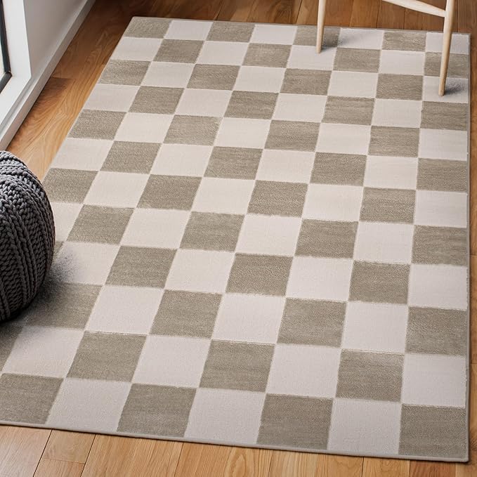 JONATHAN Y Checkerboard High-Low Indoor Area Rug 4X6 Beige/Cream, Thea Modern Geometric for Living Room, Bedroom, Kitchen, Office, Easy-Cleaning, High Traffic, Pet-Friendly, Non-Shedding SND103A-4