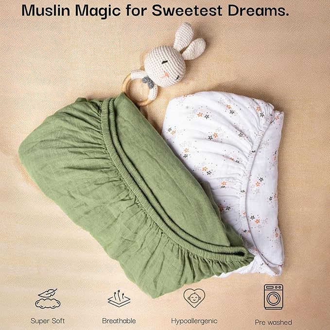 Salt Earth 100% Organic Cotton Muslin Standard Fitted Crib Sheet, 52"x28", 2 Pack Soft Breathable Natural Cotton Sheets Baby Mattress Bed Sheets, No Slip Neutral Baby Crib Sheet (Green & Star)