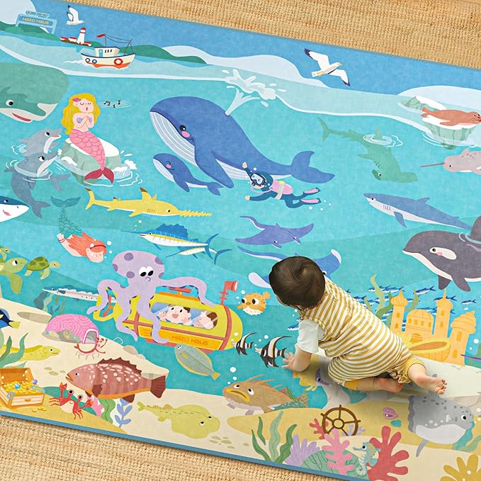 Blue Ocean Themed Rug for Kids Room – 5x8 Underwater Play Mat with Sea Creatures & Mermaid, Washable Non Slip Crawling Carpet for Bedroom or Playroom