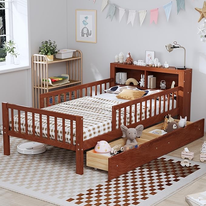 Wood Twin Size Platform Bed with Safety Fence for Kids Boys Girls, Platform Bed Frame with Practical Headboard and 2 Under-Bed Drawers, Sturdy Slats Support (Walnut-3.15)