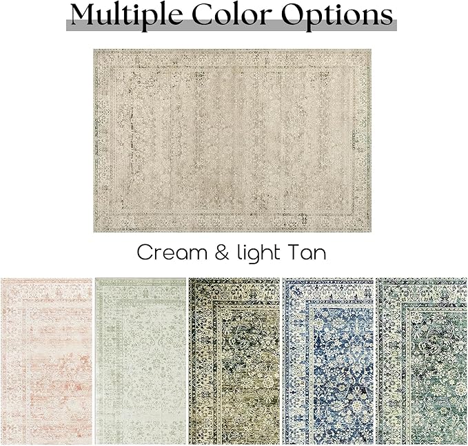 Cream and Light Tan Area Rugs Washable Rug for Living Room Bedroom, Faux Wool Soft No Slip Floral Boho Vintage Extra Large Carpet for Dining Room 9x12