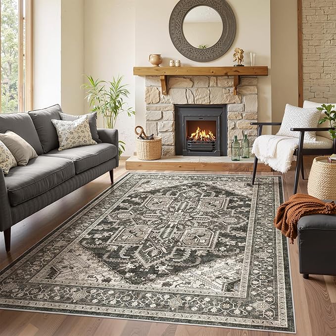 WITSHOCK Black Living Room Area Rugs 5x8: Washable Rug Boho Soft Low Pile Stain Resistant Foldable Carpet for Foyer Entryway, Bedroom Playroom Dining Room Office Kitchen Farmhouse Modern Rug