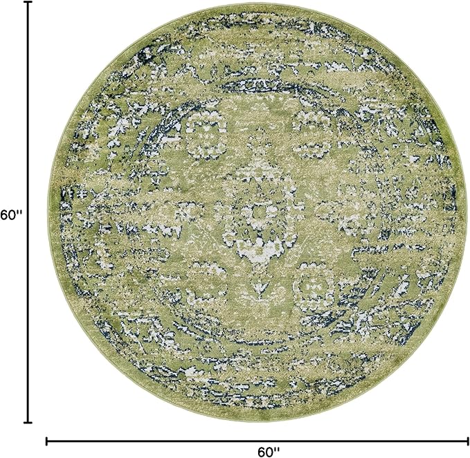 Rugs.com Charleston Collection Rug – 5 Ft Round Green Low-Pile Rug Perfect for Kitchens, Dining Rooms