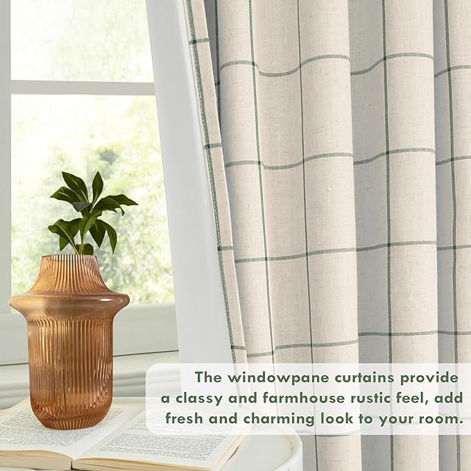 DriftAway 2 Panels 100% Blackout Windowpane Plaid Linen Curtains Double Layer Drapes for Bedroom 84 Inches Long Farmhouse Thermal Insulated 3.25 Inch Rod Pocket Back Tab for Living Room Loden Green