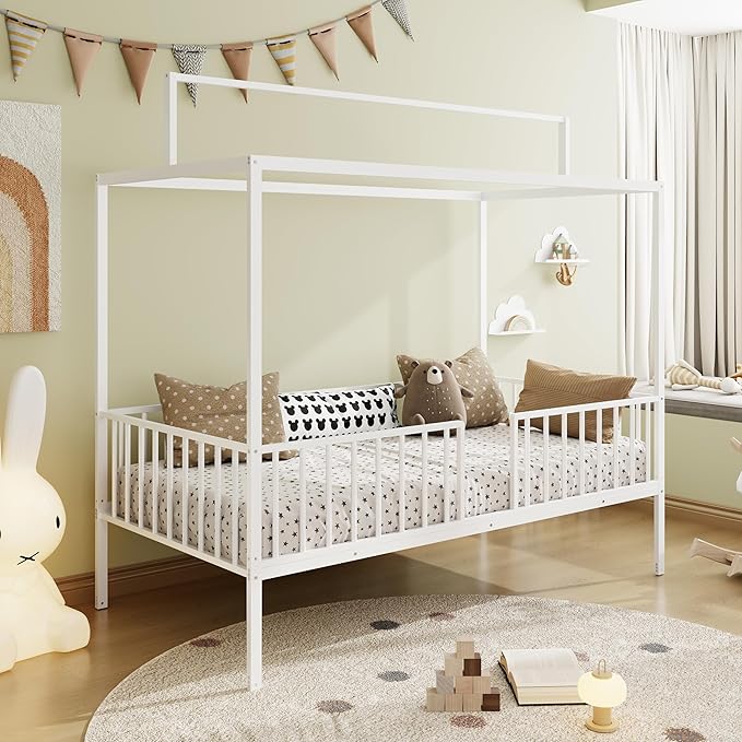 Merax Twin Size 3-in-1 Convertible Montessori Floor Bed, Metal House Bed Framefor Kids, Montessori Floor Beds with Fence,Playhouse for Kids,White