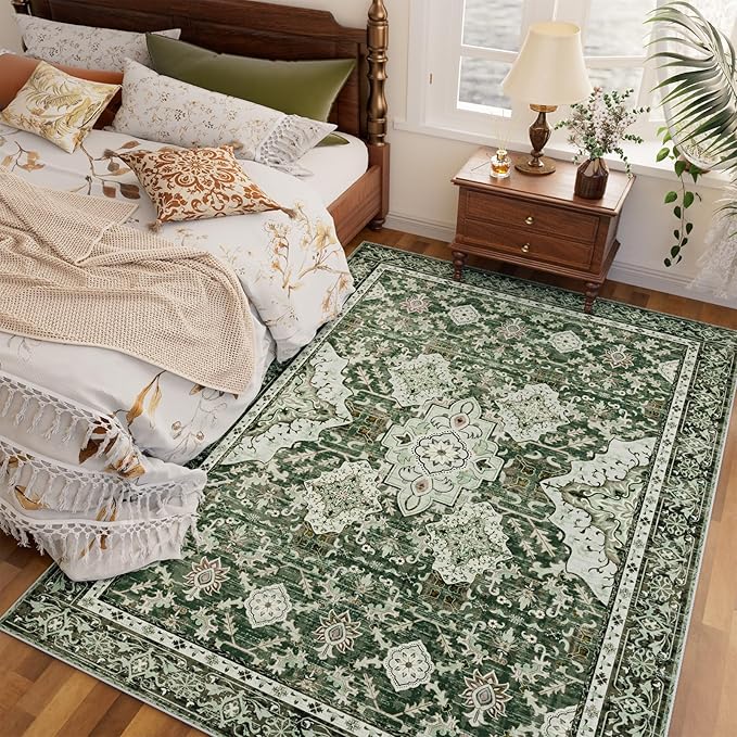 AMTOVO Area Rugs 5'x7' Washable Non-Slip, Vintage Boho Distressed Print Pattern Rugs for Living Room, Soft Low Pile Carpet for Bedroom Indoor Playroom Nursery Farmhouse Girls Room, Dark Green