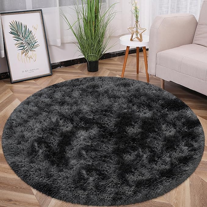 5 ft Round Fluffy Black Rug for Bedroom,Tie Dyed Furry Round Carpet Non Slip Fuzzy Shaggy Plush Circle Area Rug for Living Room Teen's Room Nursery Room Playroom Kids Room Home Decor Washable