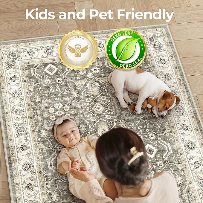 WITSHOCK Living Room Area Rugs 9x12: Washable Rug Boho Soft Non-Slip Low Pile Stain Resistant Foldable Carpet for Bedroom Playroom Dining Room Office Kitchen Farmhouse Home Decor Rug-Brown/Beige