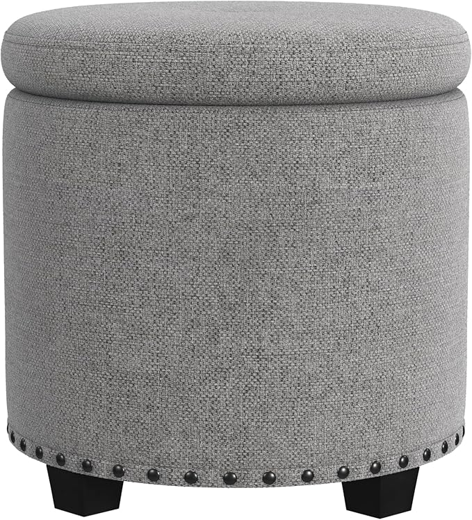 HomePop Home Decor | Upholstered Round Storage Ottoman with Nailheads| Ottoman with Storage for Living Room & Bedroom, Grey Woven