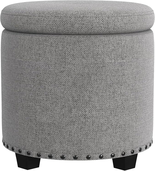 HomePop Home Decor | Upholstered Round Storage Ottoman with Nailheads| Ottoman with Storage for Living Room & Bedroom, Grey Woven
