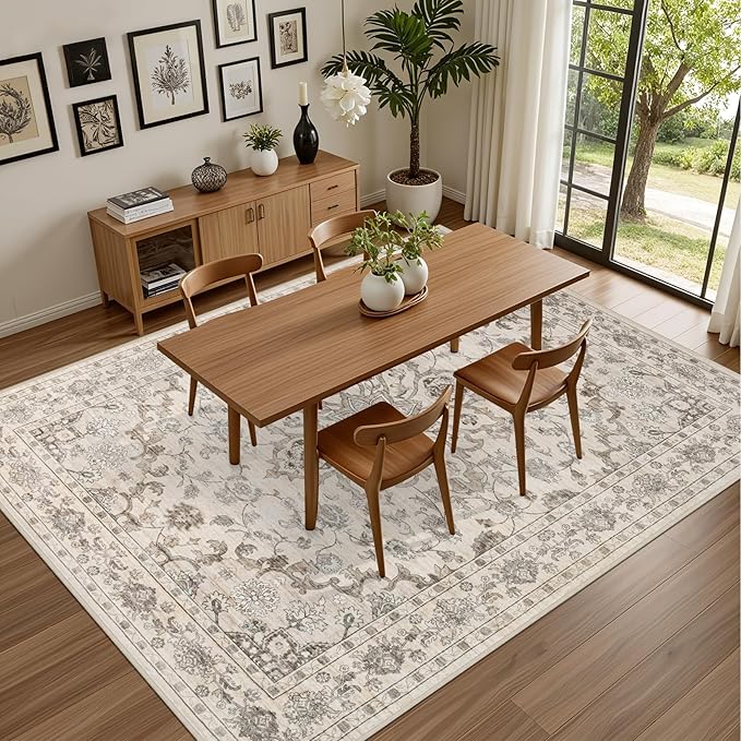 Area Rugs 9x12 Living Room Rug: Washable Rug Soft Vintage Distressed Floral Carpet Indoor Non-Slip Stain Resistant Large Carpets for Bedroom Dining Room Farmhouse Nursery Home Office Brown Beige