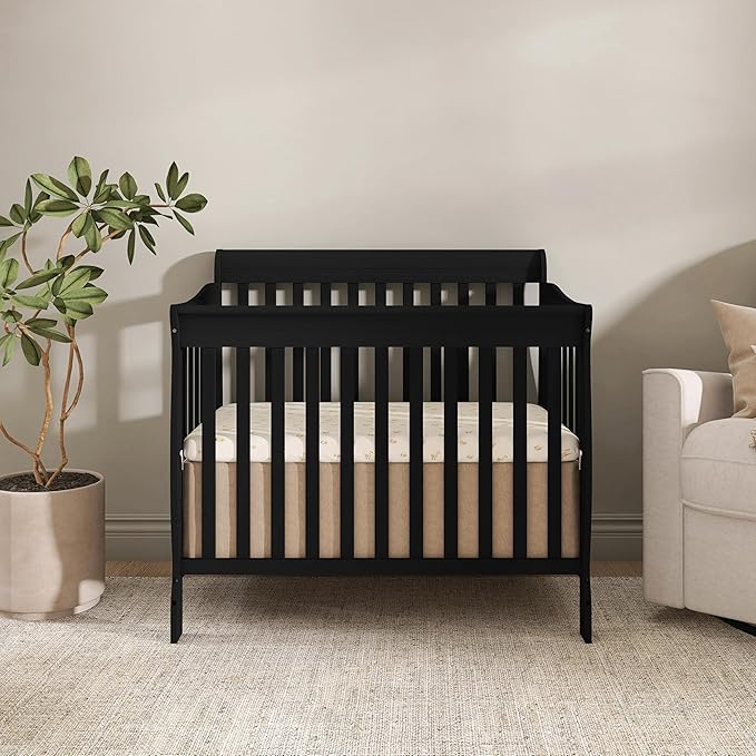 Dream On Me Aden 4-in-1 Convertible Mini Baby Crib in Black, GreenGuard Gold & JPMA, Sustainable Pinewood, Non-Toxic Finish, 3 Mattress Heights, Converts to Mini Day & Twin-Size Bed