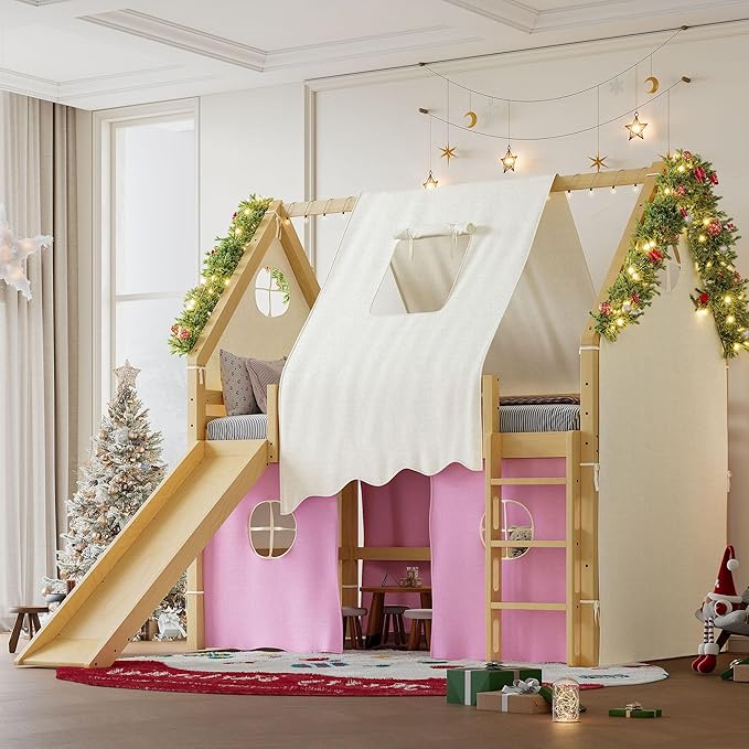 Playhouse Design Full Size Loft Bed with Slide & Tent, Solid Wood Tent Bed Frame for Kids Boys Girls, Versatile Spacious Under Bed Space, Chic Design with Lights (Natural+Pink-Full)