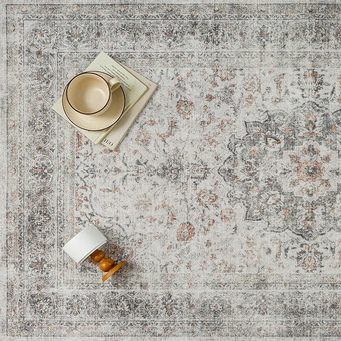 6x9 Washable Vintage Area Rug for Living Room Bedroom Soft Tranditional Non Slip Large Throw Rug Lightweight Floral Low Pile Distressed Carpet Office Playroom Dinning Laundry Room