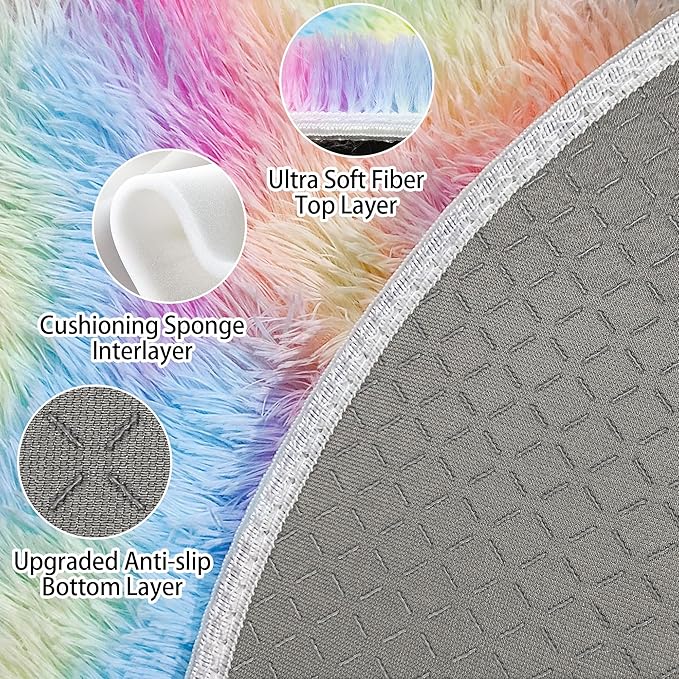 6 ft Large Fluffy Round Rug for Girls Bedroom,Soft Shaggy Rainbow Rugs Plush Fuzzy Circle Area Rug for Living Room Cute Kids Playroom Room Baby Toddler Nursery Colorful Home Decor Aesthetic