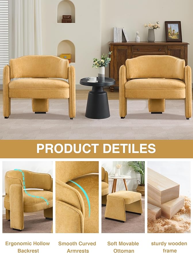 LOULENS Oversized Accent Chair with Ottoman, Modern Upholstered Barrel Chair with Footrest, Comfy Round Armchair for Living Room, Bedroom, Reading Room & Corner (1, Yellow)