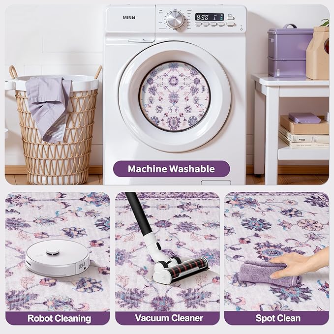 Tangsoo Small Rug 2x3 Washable Entry Rug for Entryways Non-Slip Vintage Floral Throw Area Rugs Purple Boho Rugs Distressed Floor Carpet Soft Low Pile Door Mat for Entrance Bedroom Kitchen Foyer Decor