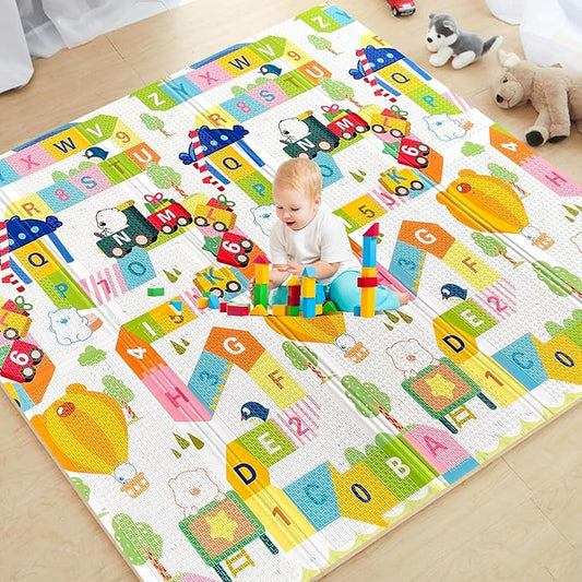 Mergren Extra Large Portable Baby Play Mat (79"×71" x0.6" Thickened Version), Foam Foldable Floor Crawling Mat with Reversible Double-Sided Patterns, Waterproof Anti-Slip, Indoor, Outdoor