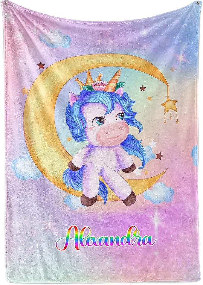 Personalized Unicorn Blanket for Girls | Kids Rainbow Unicorn | Custom Plush Fuzzy Unicorns for Toddler | Customized Little Girl Throw Blankets | Girl Sofa Bed Birthday | Fleece 50x60