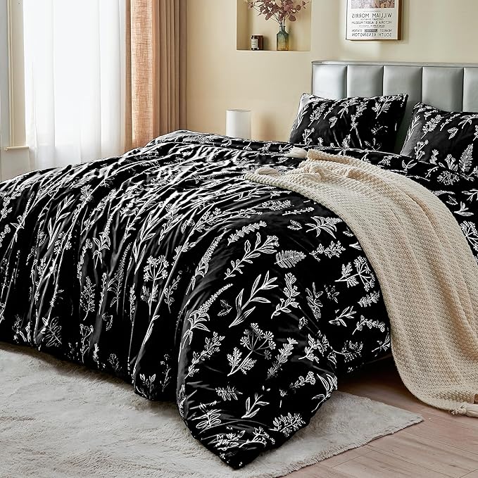 MUXHOMO Duvet Cover Queen Size, Reversible Floral Black Duvet Cover Set with Zipper Closure, 3 Pieces Botanical Patterns Soft Microfiber Bedding Set with 4 Ties (90"x90", 2 Pillow Cases)