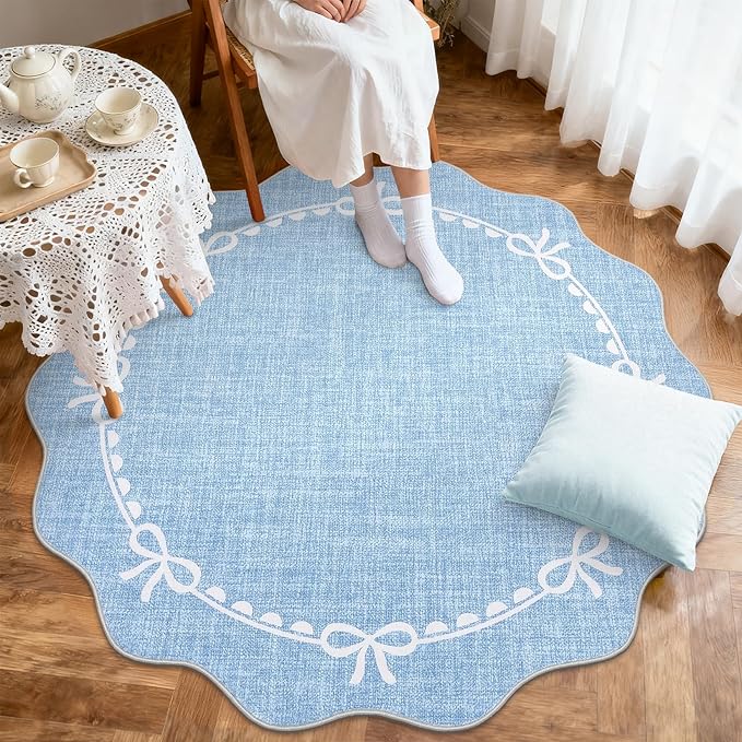 GarveeHome Scalloped Bow Rug for Living Room, 6ft Round Rugs Washable Solid Blue Rug for Dorm Soft Low Pile Non Slip Scalloped Rugs for Nursery Bedroom Decor Kids Room Playroom