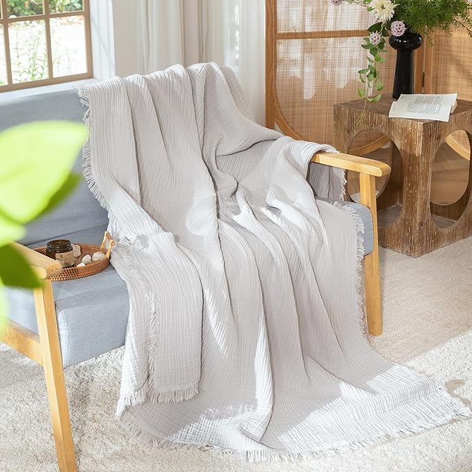 MooMee Muslin Blanket - 100% Cotton 4-Layer Gauze Throw Blanket with All-Around Fringe, Ultra-Soft Breathable Lightweight Cooling Decorative for Bed, Sofa & Couch (Light Grey,King 104" x 90")