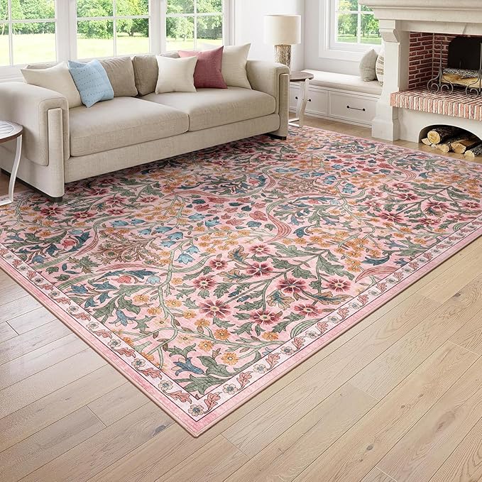 6x9 Washable Area Rug for Living Room, Floral Non-Slip Non-Shedding & Easy Care, Soft Low Pile Botanical Indoor Floor Carpet for Living Room, Bedroom, Farmhouse, Dining Room, Kids Playroom, Pink
