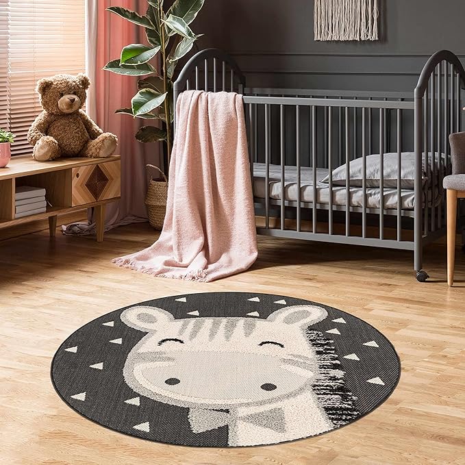 Hauteloom Kids Room, Nursery Round Area Rug - Outdoor Patio Safe - Animal Baby Bowtie Giraffe Playroom Carpet - Beige, Gray, Black, Cream - 3'11"