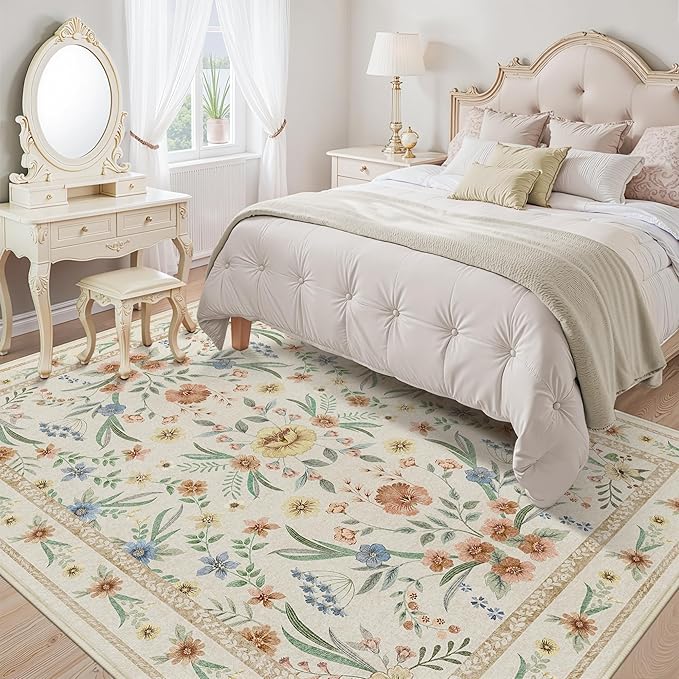 Beige Floral Washable Rug 7x9 – Large Vintage Boho Non-Slip Carpet, Soft Low Pile Thin Stain Resistant Area Rug for Living Room, Bedroom, Dining Room, Nursery, Farmhouse, Home Office