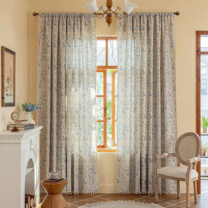 OYX Blue Floral Light Filtering Boho Curtains 63 Inch Long 2Panels For Living Room, Country Farmhouse Rustic Vintage French Drapes, Flower Printed Rod Pocket Privacy Decor Drapes For Bedroom Aesthetic