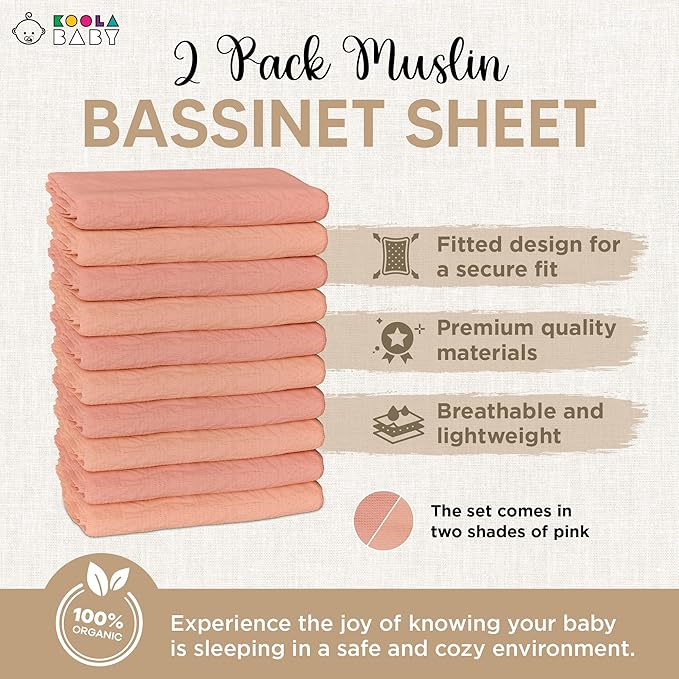Bassinet Sheet for Bassinet Mattress - 100% Organic Muslin Cotton - Snuggly Soft & Cozy Sheets Fitted for Maxi COSI Iora, Angelbliss, Baby Joy, & Kids Club Bedside Sleeper - 2 Pack