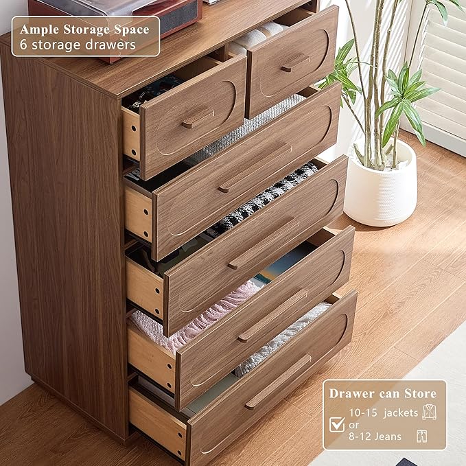 Walnut 6 Drawer Dresser for Bedroom, 44" Tall Dressers & Chest of Drawers with Solid Wood Handle, Wood Storage Dressers Organizer for Bedroom, Living Room