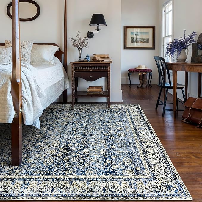 Blue Area Rug for Living Room 8x10 Washable Vintage Farmhouse Big Large Boho Distressed Carpet Rugs for Bedroom,Light Blue and Cream Polyester Rayon Cotton Blend