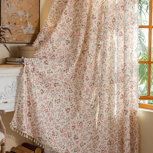 OYX Pink Boho Farmhouse Floral Curtains 63 Inch Long 2 Panels For Living Room, Flower Girl Bedroom Light Filtering Drapes, Vintage Country French Patterned Rod Pocket Aesthetic Decor Window Treatments