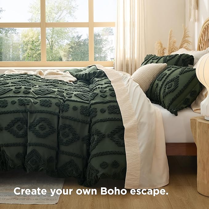 Bedsure Boho Duvet Cover King - Dark Green Tufted Boho Bedding, Farmhouse Shabby Chic Embroidery Bedding for All Seasons, 3 Pieces, 1 Soft Jacquard King Comforter Cover and 2 Pillow Shams