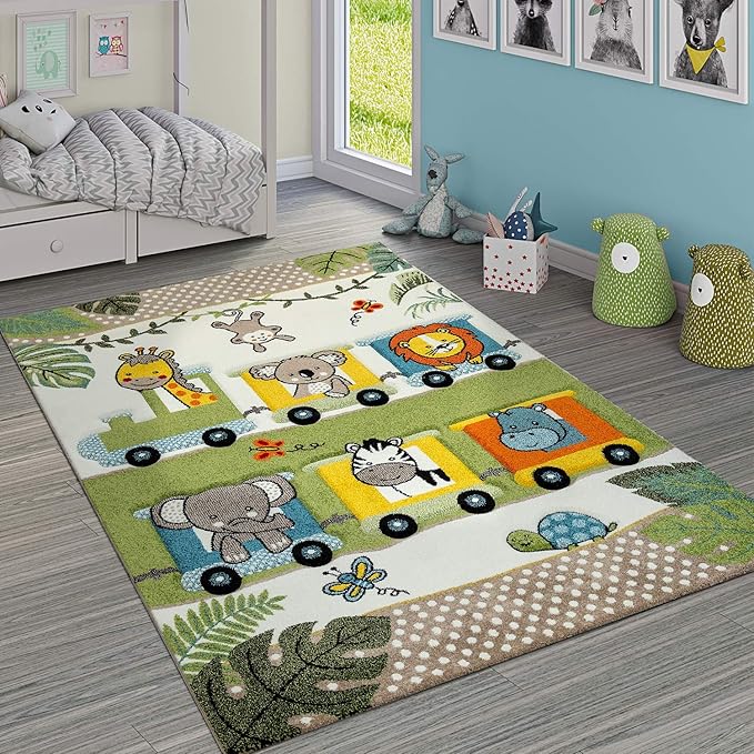 Nursery Rug for Kids Cute Jungle Animals Locomotive 3D Effect Green Cream, Size: 4'7" x 6'7"