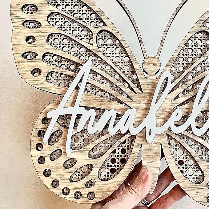 Chillever - Personalized Butterfly 3D Name Sign, Custom Wood Personalized Butterfly Wall Decor with Baby Name Sign, Exquisite Nursery Decor and Wall Art for Girl or Boy Room, Custom Boho Wooden Signs