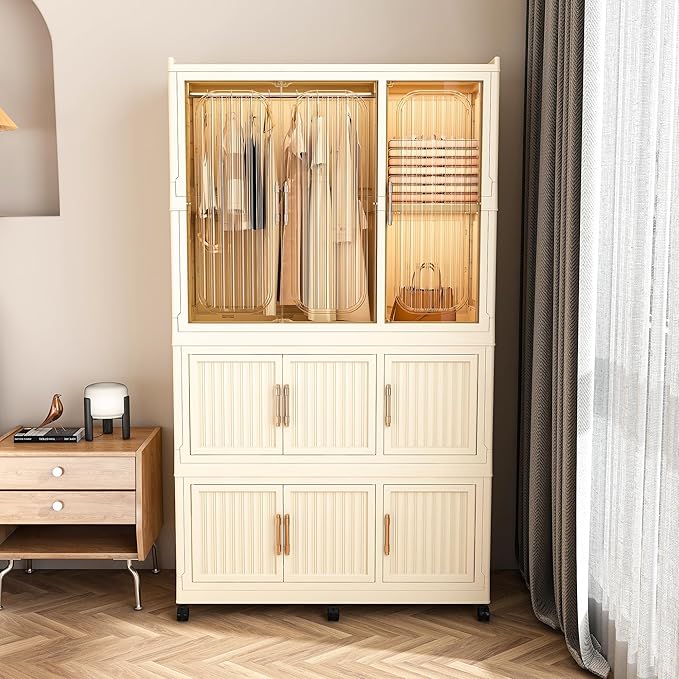 Kids Portable Wardrobe Closet Organizer with Magnetic Doors, 8 Cubes & 1 Hanging Rod, 6 PCS Hangers, Children's Plastic Wardrobe Closet for Bedroom Storage, Large Storage Cabinet