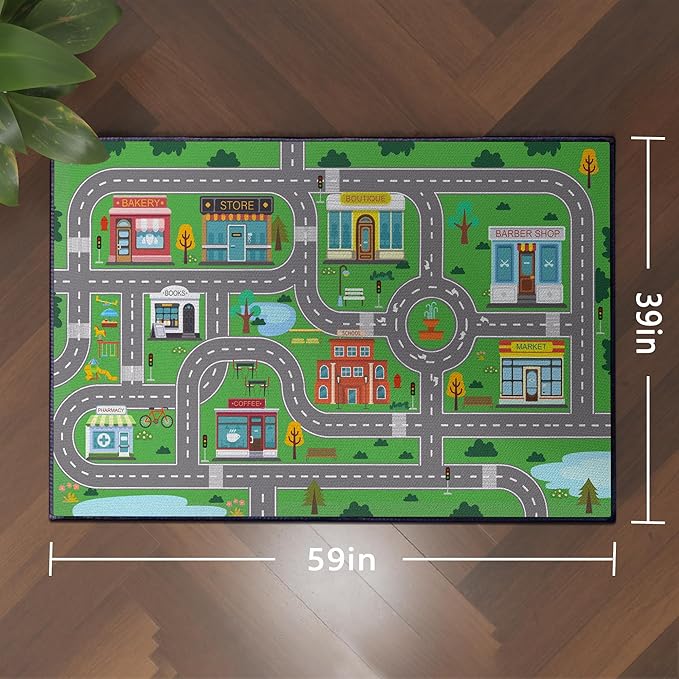 Play Rug for Playroom 59"x39" Car Mat Town City Road Map for Bedroom Fun Car Play Area Carpet Non-Slip Washable