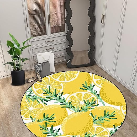 Lemon Round Rug Yellow Circle Rugs for Bedroom Dorm Living Room Lemon Tree Area Rug Floor Mat Pad Doormat Carpet, 5'X5'(150X150cm)